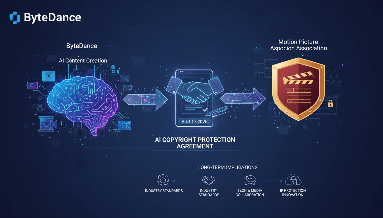 Infographic showing the relationship between AI-generated content and copyright protections established by ByteDance and the Motion Picture Association.