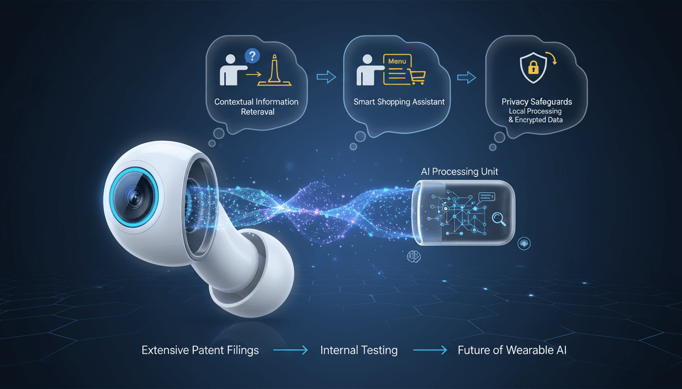 Conceptual diagram showing Apple AirPods with camera integration and AI features, highlighting user interactions and privacy safeguards.