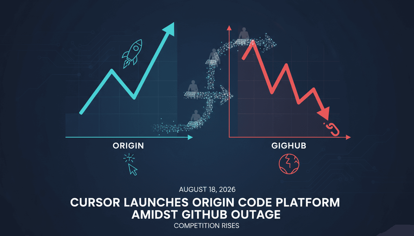 A graphic showing Cursor's Origin platform launch in response to GitHub outages, highlighting the shift in developer preferences.