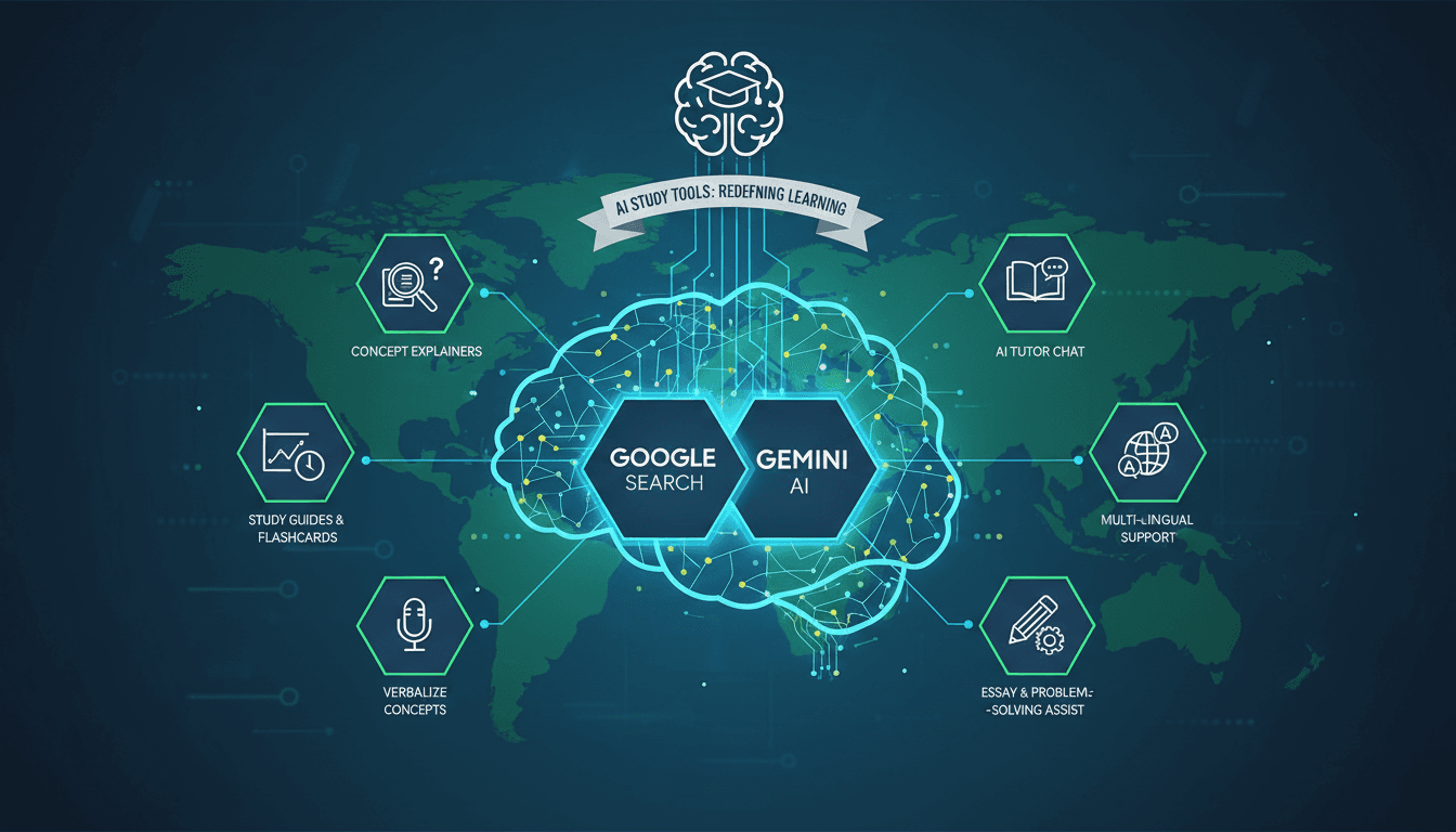 Infographic showing Google’s new AI study tools and their features for enhanced learning.
