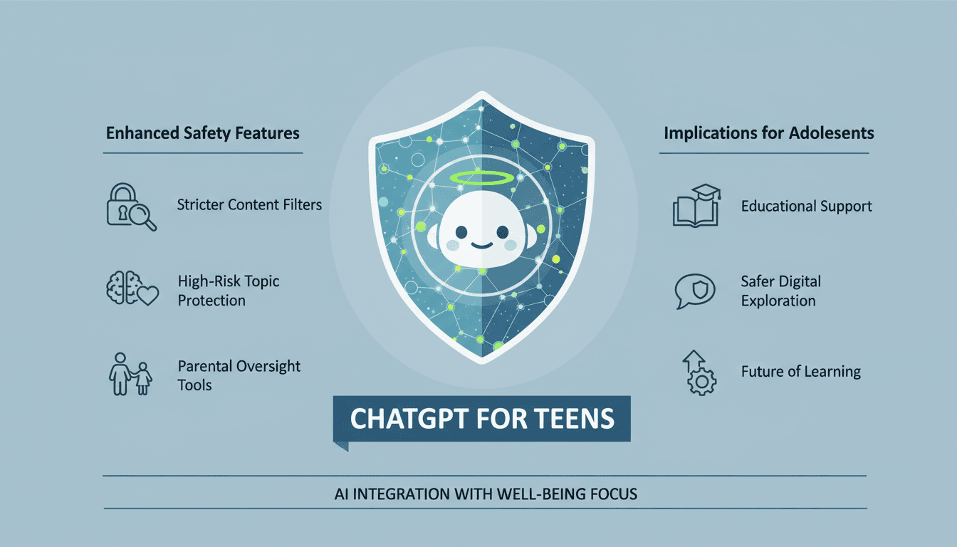 Infographic showing safety features of OpenAI's ChatGPT for Teens and their impact on adolescent users.