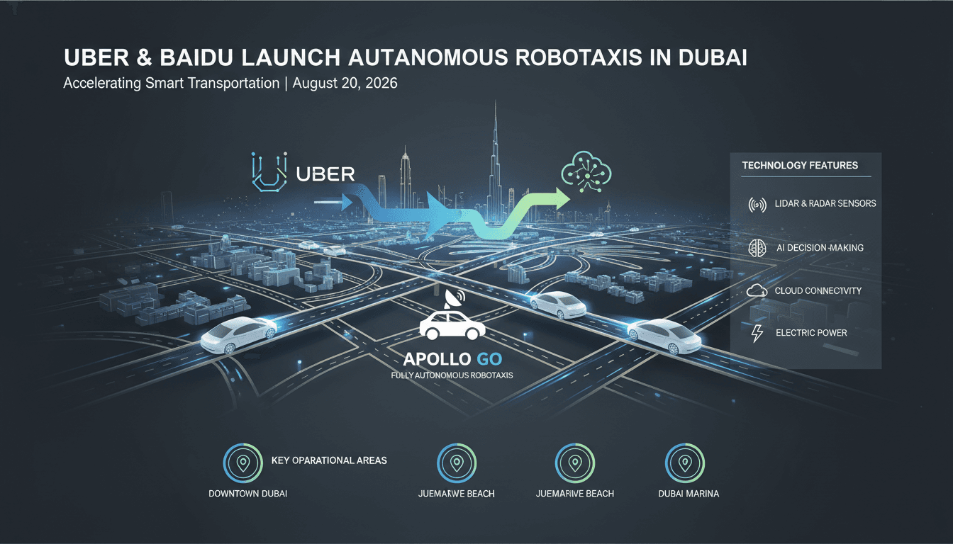 An infographic showing the launch of Uber and Baidu's autonomous robotaxis in Dubai, highlighting key features and operational areas.