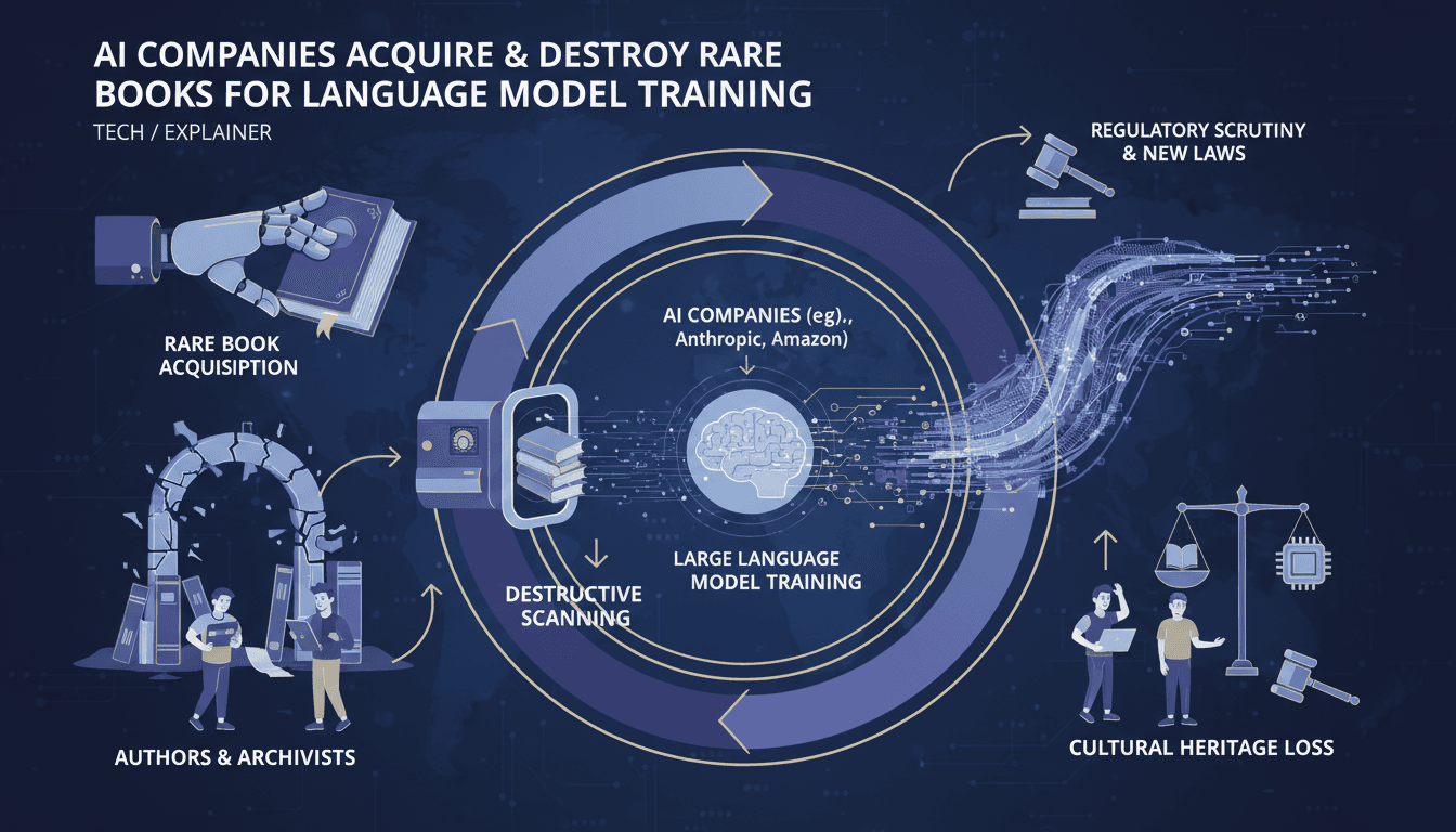 Infographic showing the acquisition and destruction process of rare books by AI companies, highlighting cultural heritage concerns.