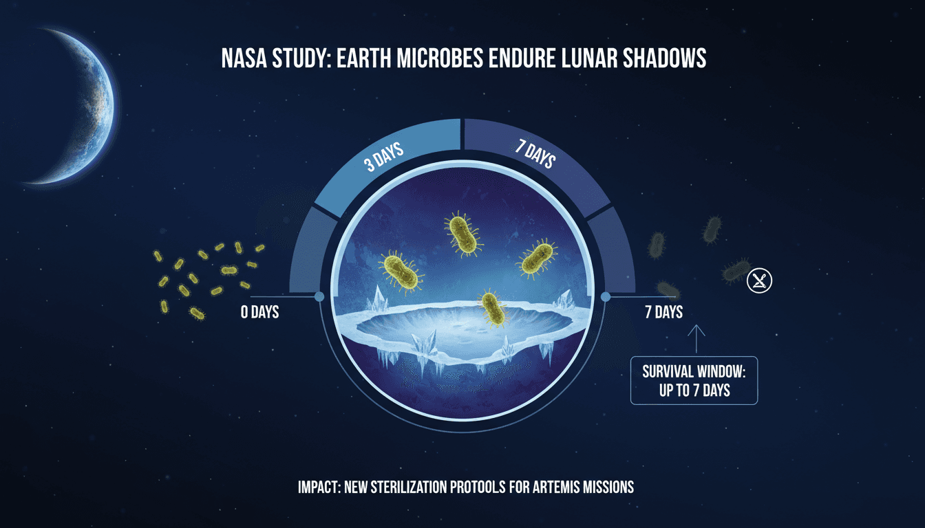 Infographic illustrating the survival of Earth microorganisms in lunar conditions.