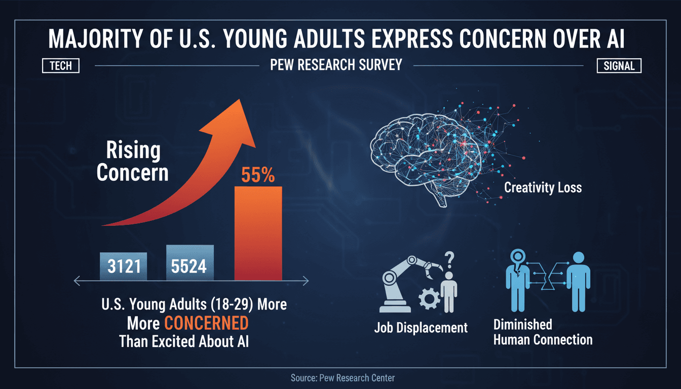 Infographic showing young adults' rising concerns about AI's impact on jobs and creativity.