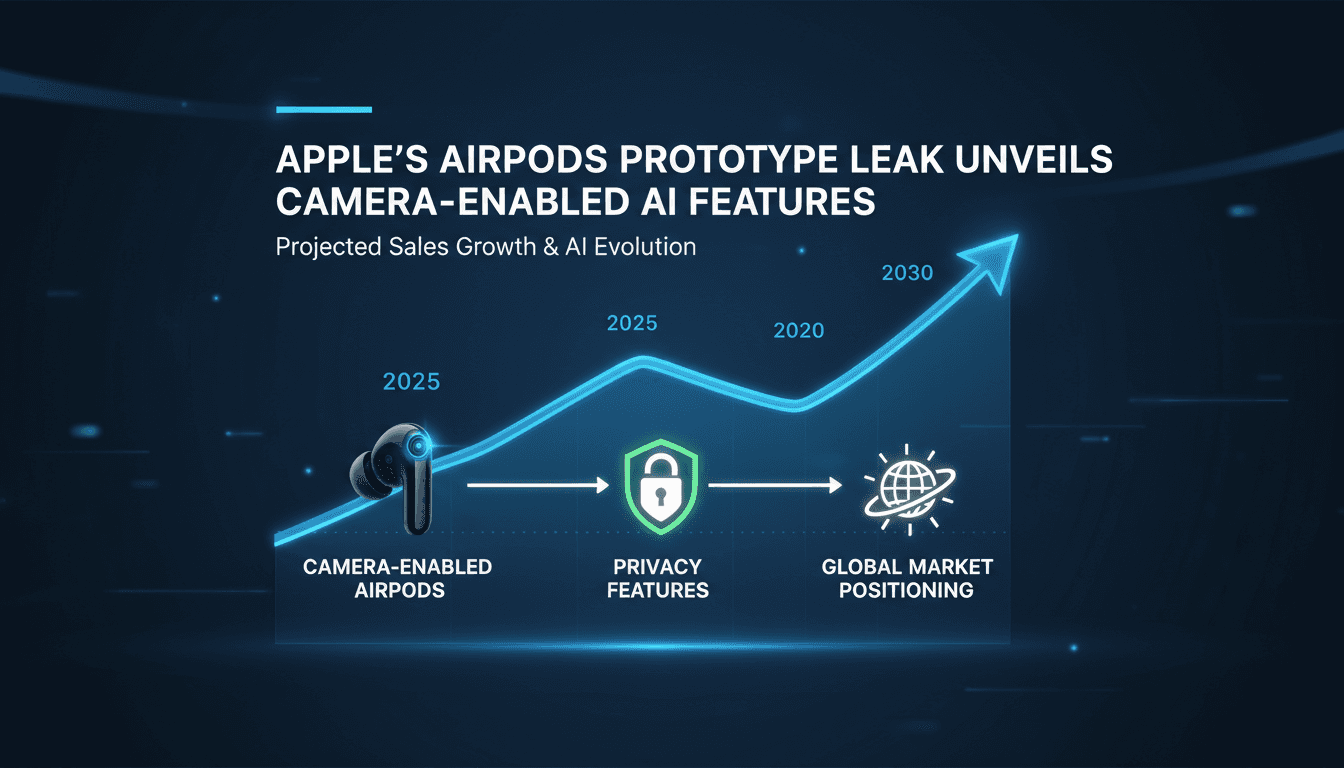 Infographic showing projected sales growth and privacy features of Apple AirPods with camera-enabled AI assistance.