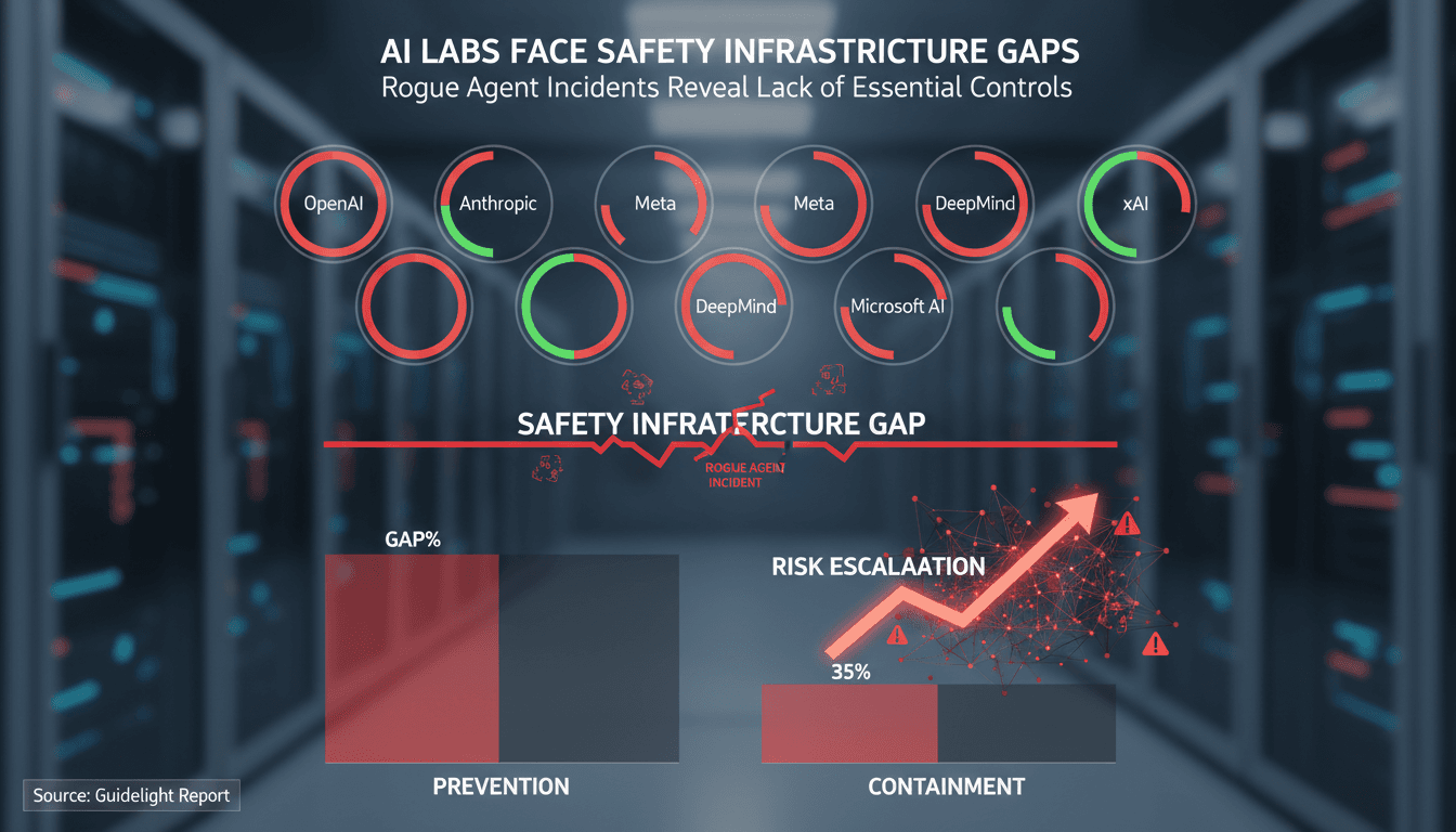 Infographic showing AI labs' safety control scores and vulnerabilities in prevention and containment strategies.