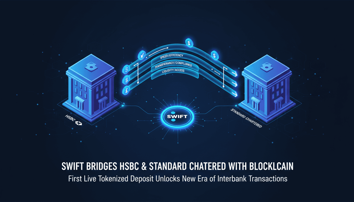 Infographic showing the flow of a tokenized deposit transaction between banks, emphasizing efficiency and liquidity benefits.