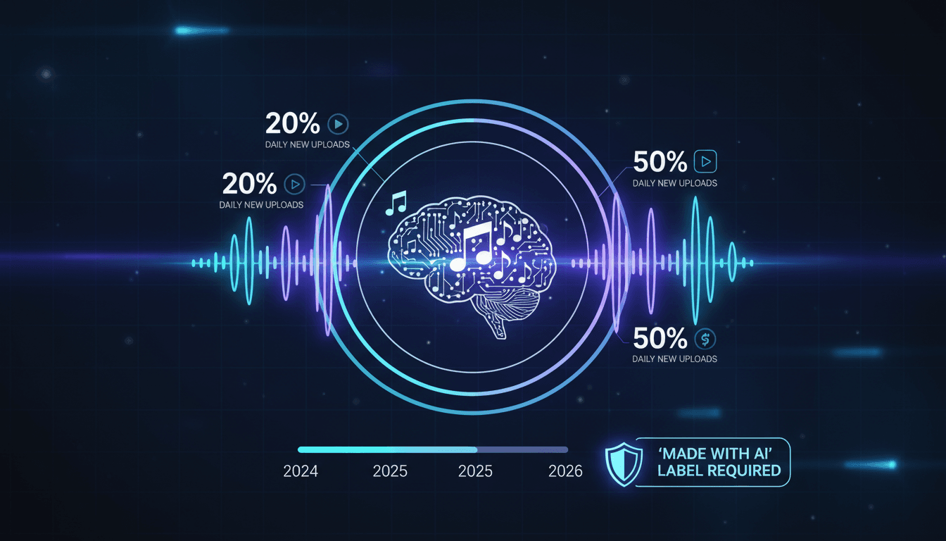 Infographic showing the rise of AI-generated music and labeling policy by Apple Music.