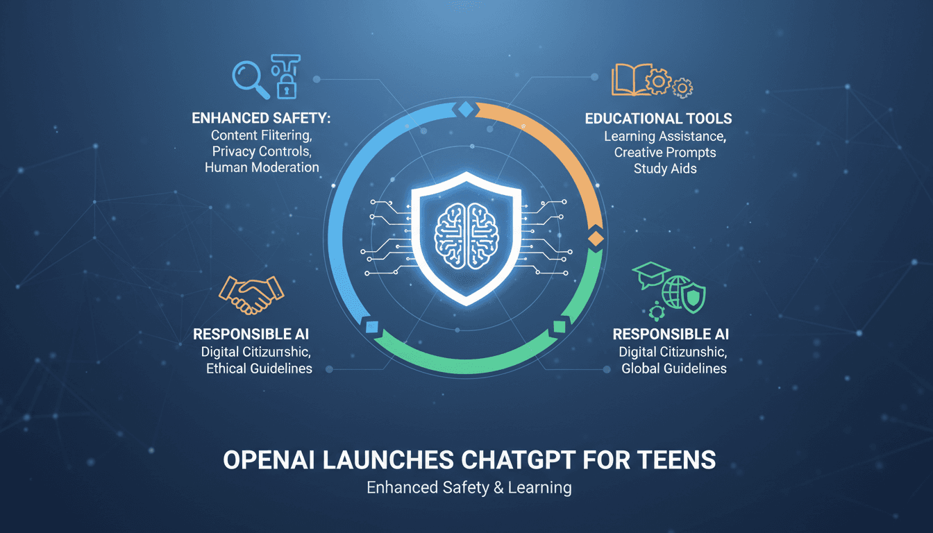 Infographic showcasing ChatGPT for Teens' safety features and educational tools.