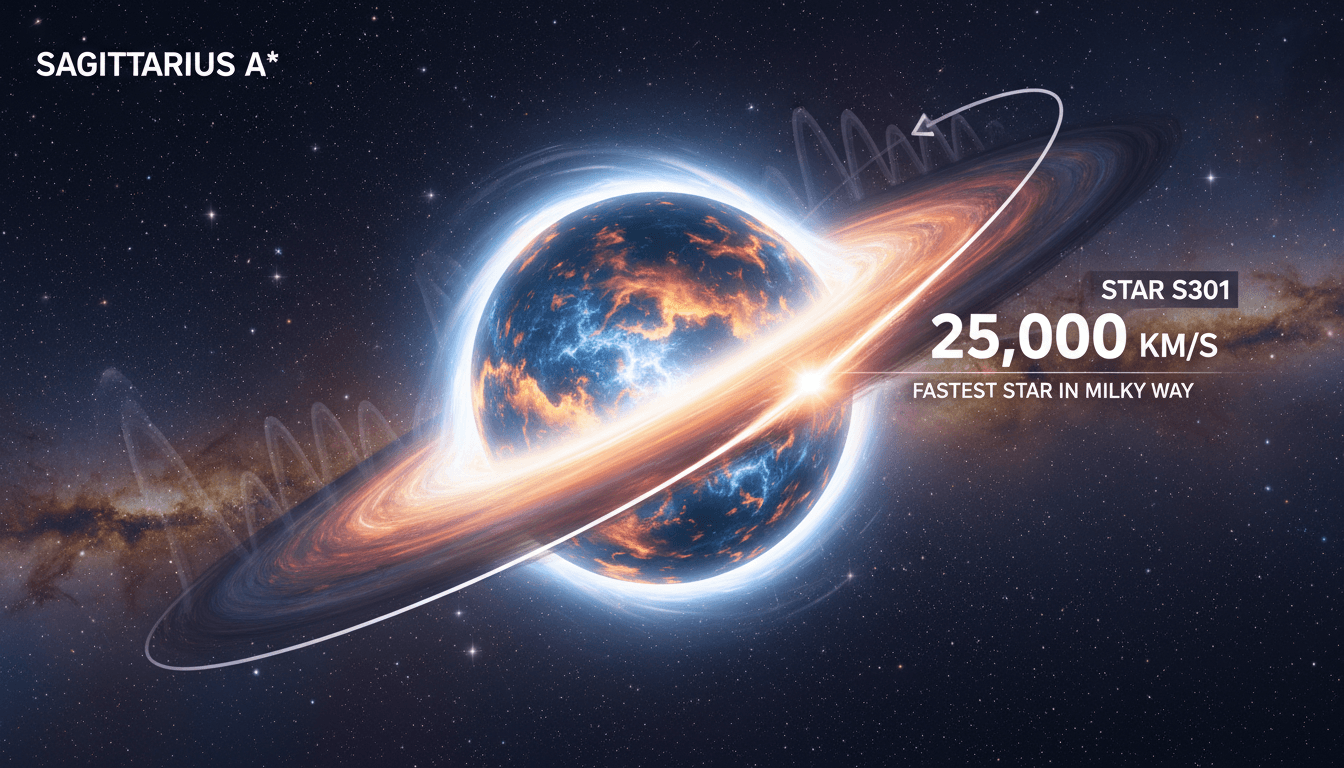Infographic showing the orbit of star S301 around Sagittarius A*, highlighting its speed and proximity to the black hole.