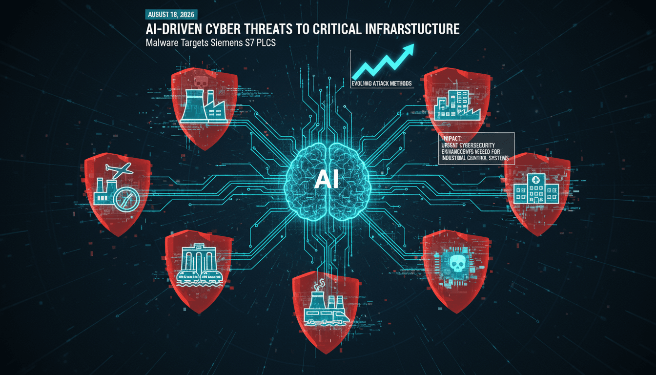 Infographic showing the impact of AI-generated malware on US critical infrastructure sectors.