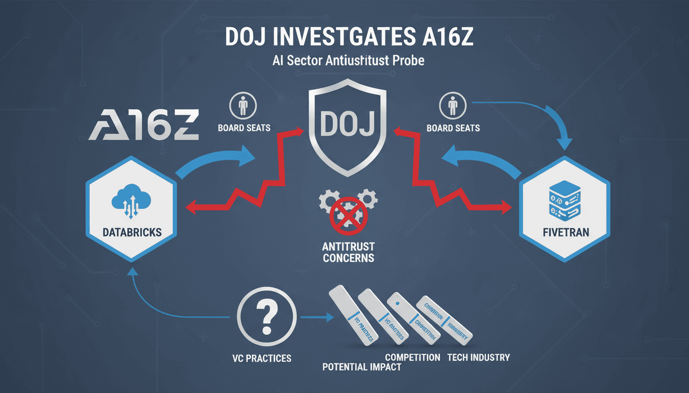 Infographic showing interlocking directorates and impacts of the DOJ investigation into Andreessen Horowitz.