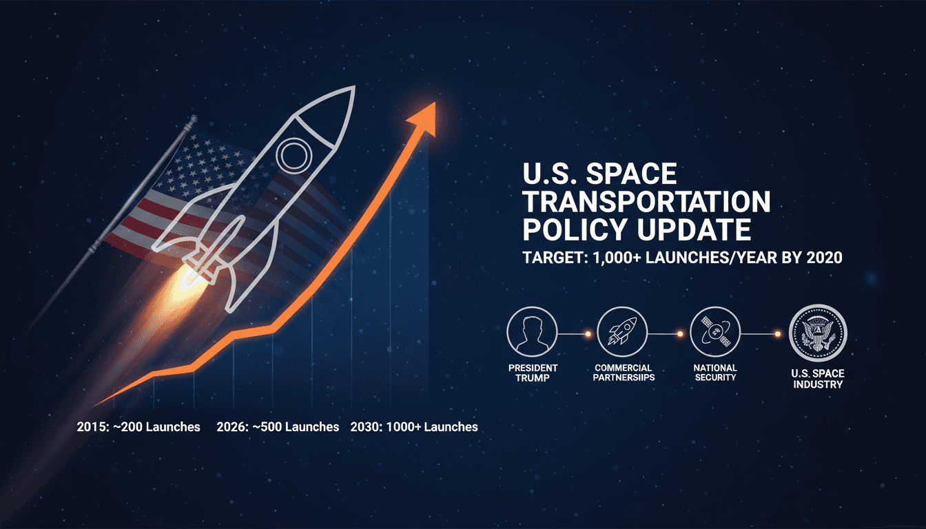 Infographic showing projected growth in U.S. space launches and key players in Trump's updated National Space Transportation Policy.