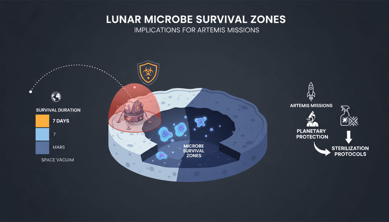 Infographic showing lunar microbe survival zones and implications for NASA's Artemis missions.