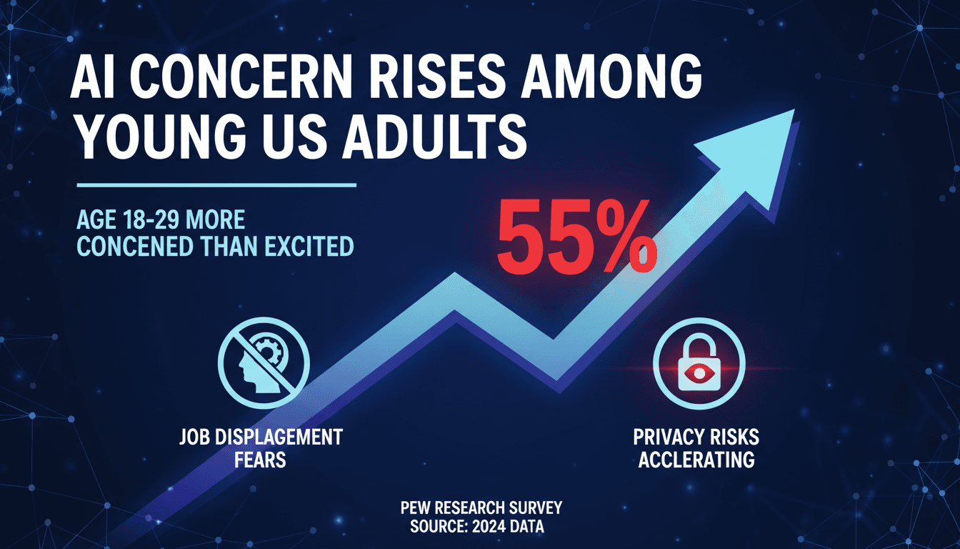 Infographic showing the rise in concern about AI among young adults, highlighting key statistics and trends.