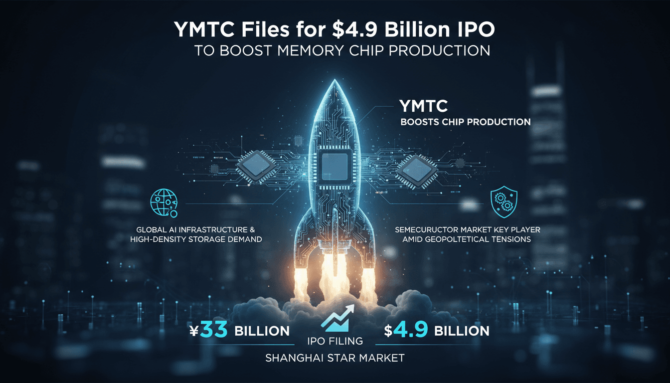 Infographic detailing YMTC's 33 billion yuan IPO and its impact on the semiconductor industry.