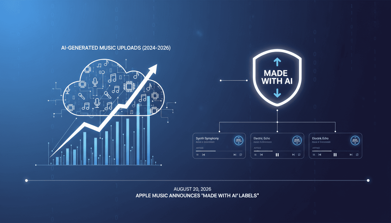 Infographic showing the rise of AI-generated music and new transparency labels on Apple Music.