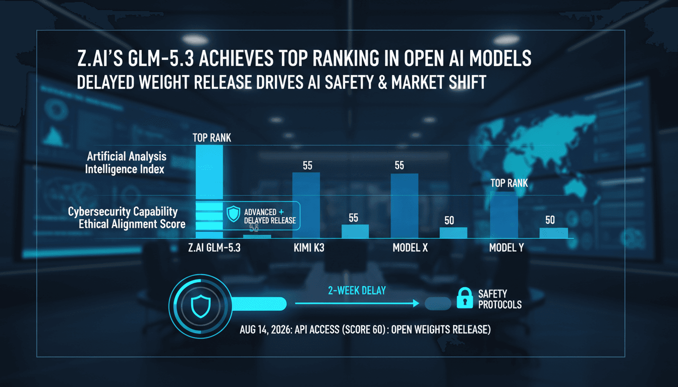 A chart comparing Z.ai GLM-5.3's performance metrics with competitors, emphasizing its cybersecurity capabilities.
