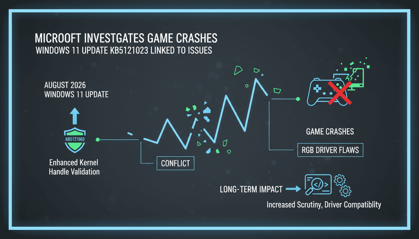 Infographic showing the impact of the KB5121003 update on gaming performance and RGB driver conflicts.