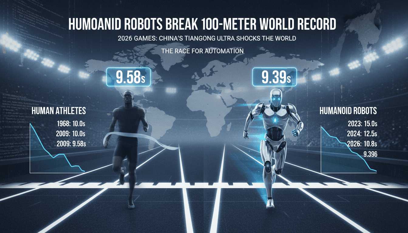 A humanoid robot sprinting on a track, showcasing its speed and technology, breaking Usain Bolt's 100-meter record.
