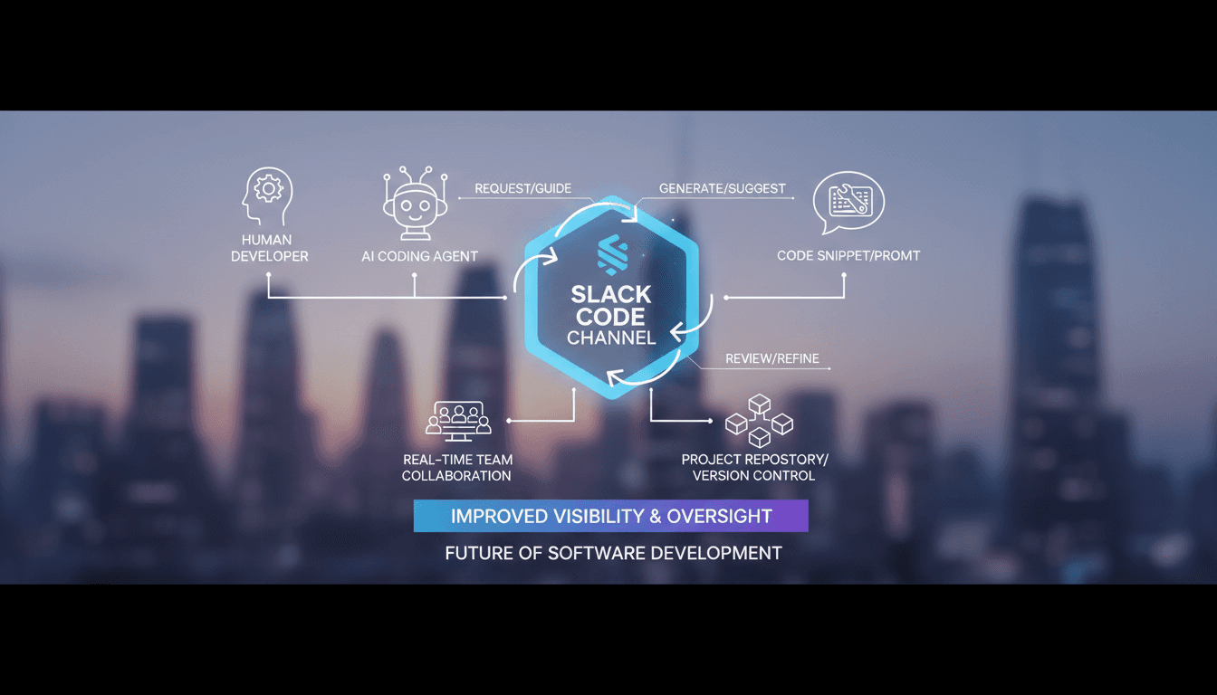 Infographic showing Slack's new Code feature for AI collaboration in software development.