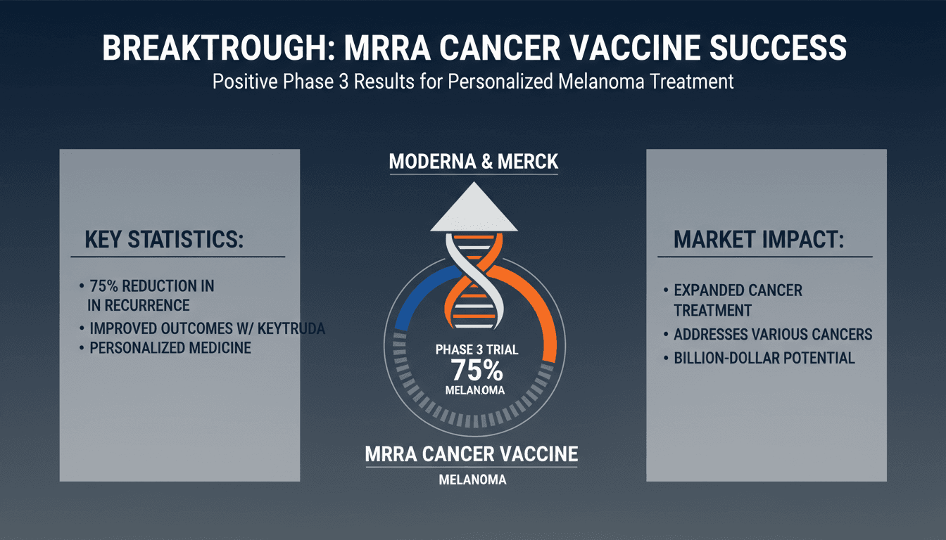 Infographic detailing the Phase 3 trial results of the Moderna-Merck mRNA cancer vaccine and its market implications.