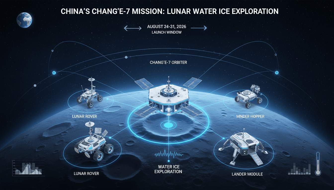 An infographic detailing China's Chang’e-7 mission components and its target area on the Moon's south pole.