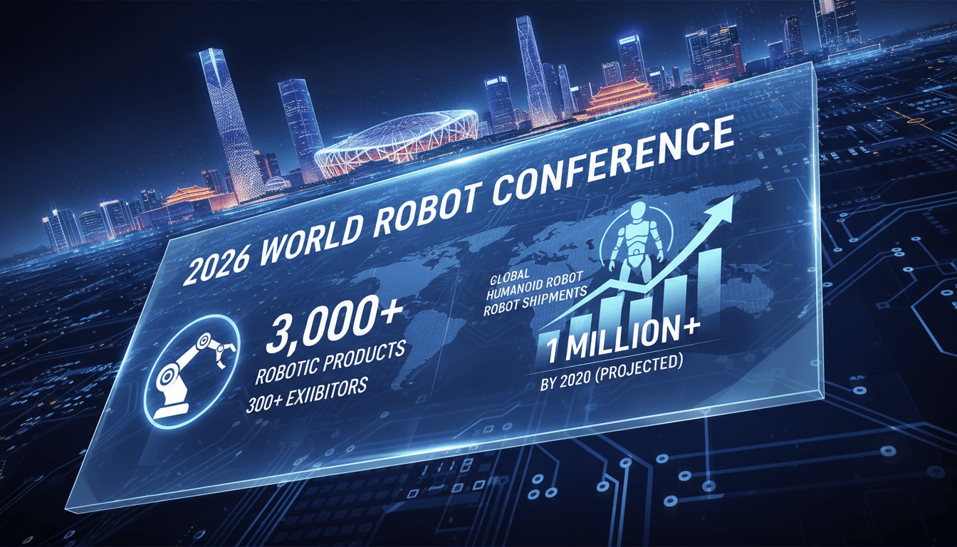 Infographic summarizing key statistics from the 2026 World Robot Conference, focusing on robotics advancements and industry growth.