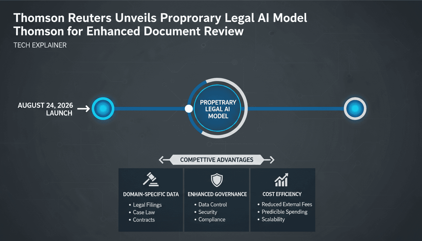 An infographic showcasing Thomson Reuters' new legal AI model, Thomson, and its features for document review efficiency.