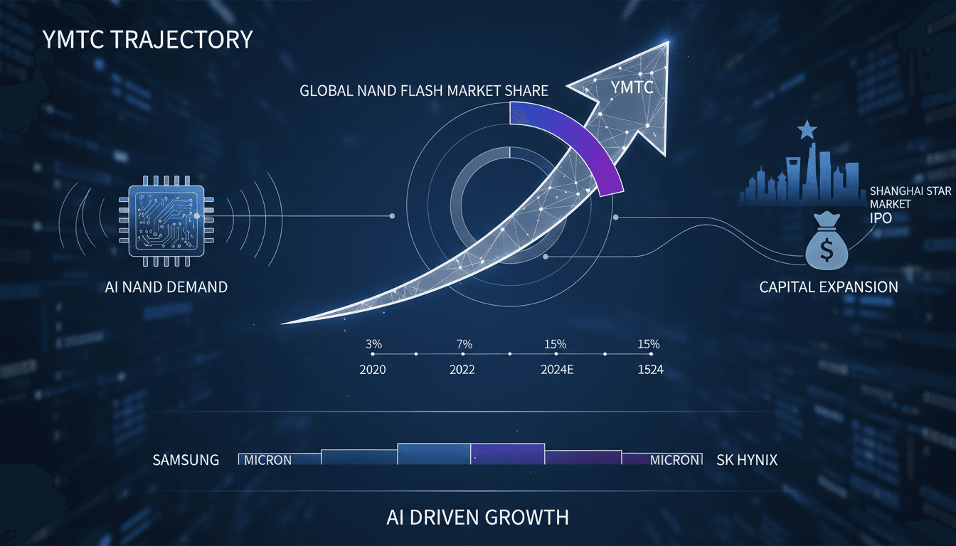 Infographic illustrating YMTC's market share and growth in NAND flash memory.