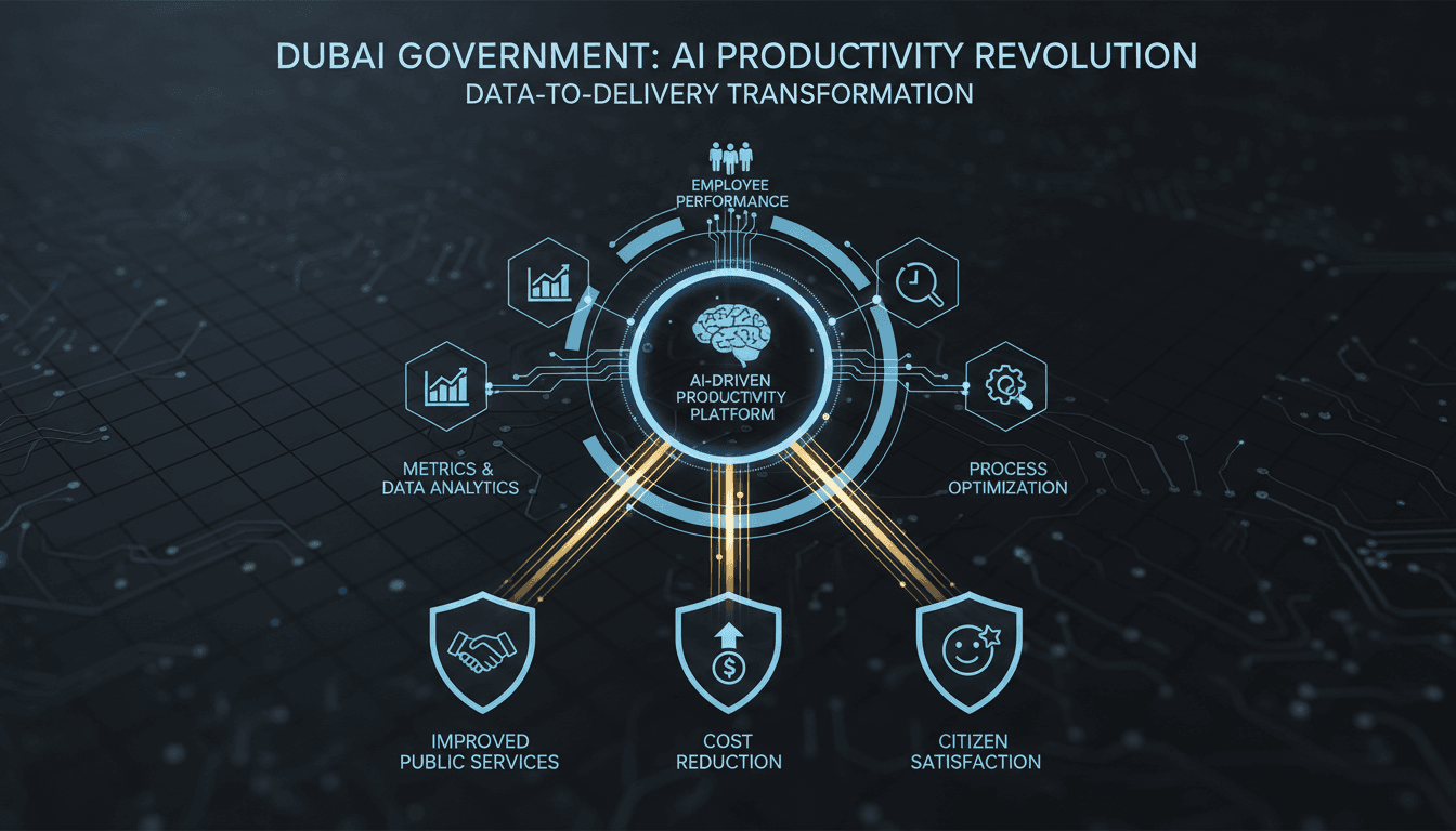 Infographic showing Dubai's AI-driven workforce productivity system and its impact on government services.