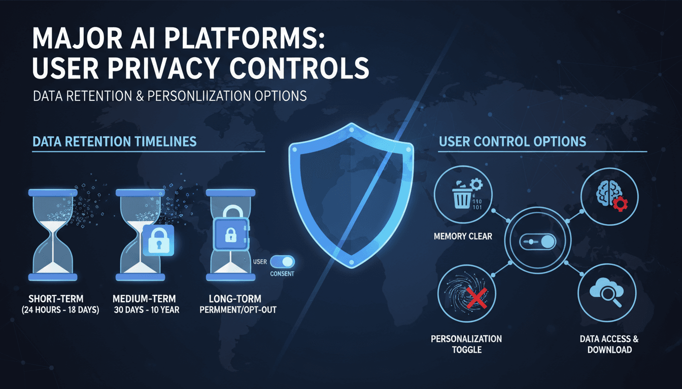 Infographic showing AI chatbot memory features and privacy practices across major platforms.