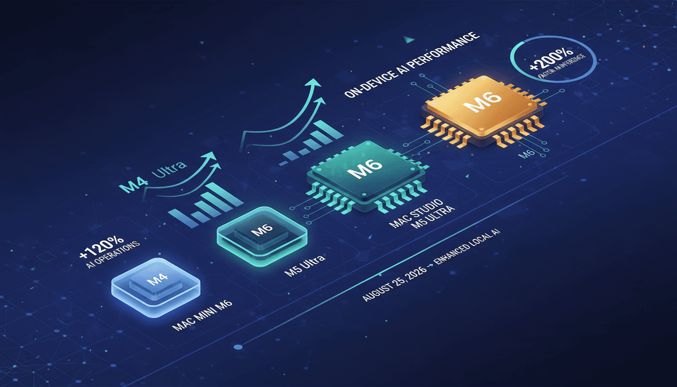 Infographic comparing performance metrics of Apple’s M6 and M5 Ultra chips for AI processing.