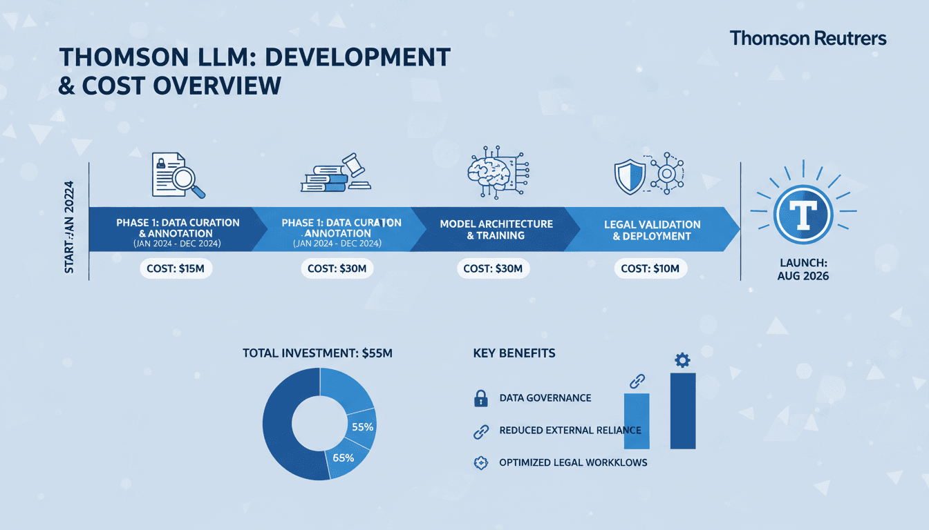 Infographic showing the development and cost of Thomson Reuters' proprietary AI model for legal work.