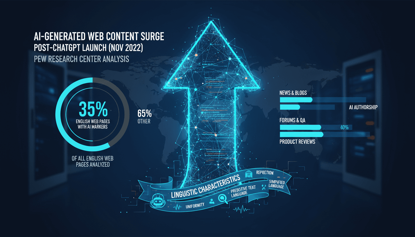 Infographic showing the rise of AI-generated content and its linguistic characteristics across web domains.