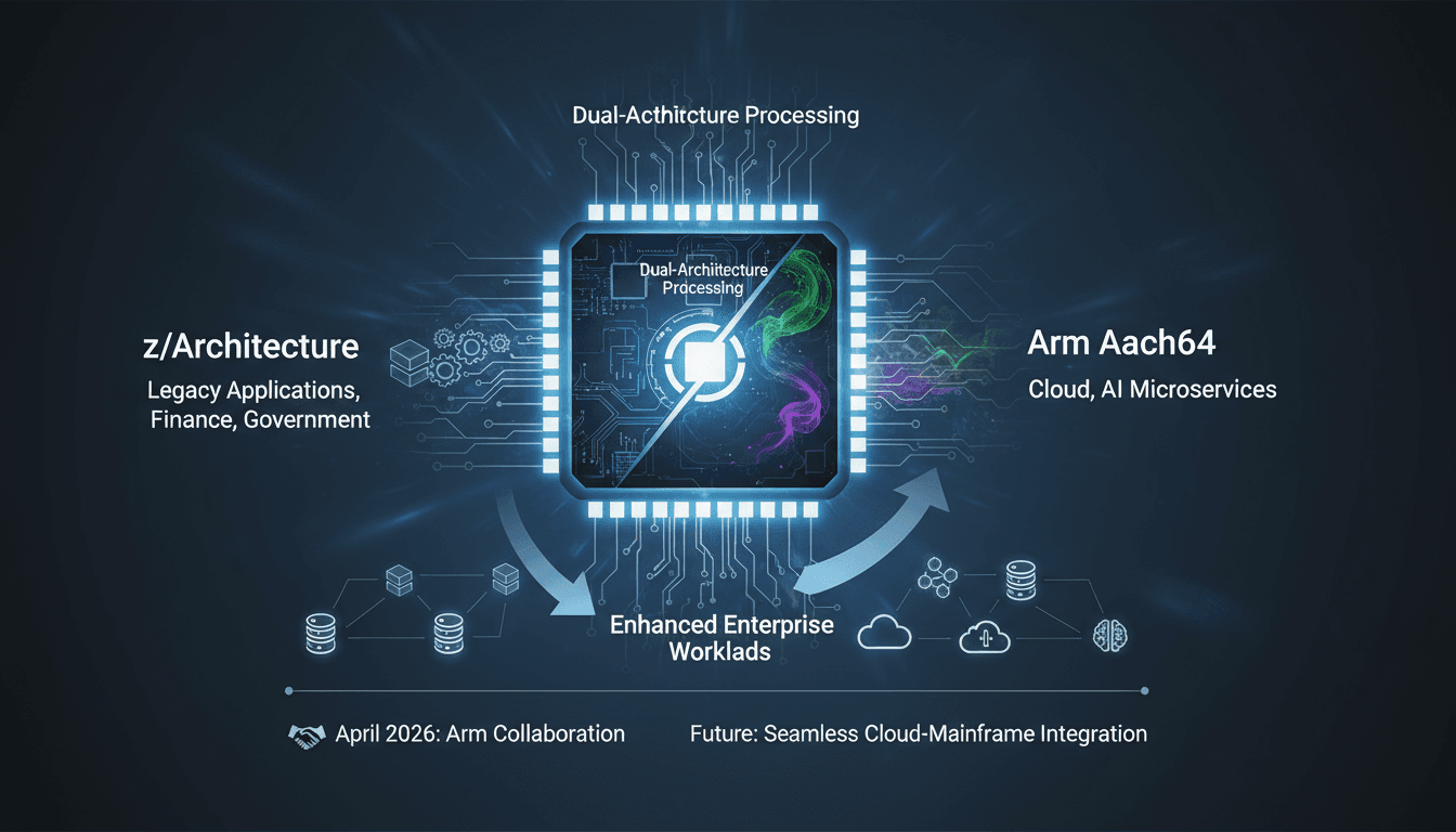 An infographic showing IBM's dual-architecture mainframe processor capabilities and its impact on enterprise workloads.