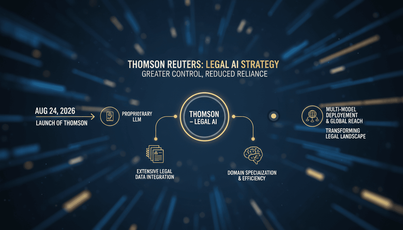 Infographic showing Thomson Reuters' new AI model Thomson, its features, and deployment strategy in legal applications.