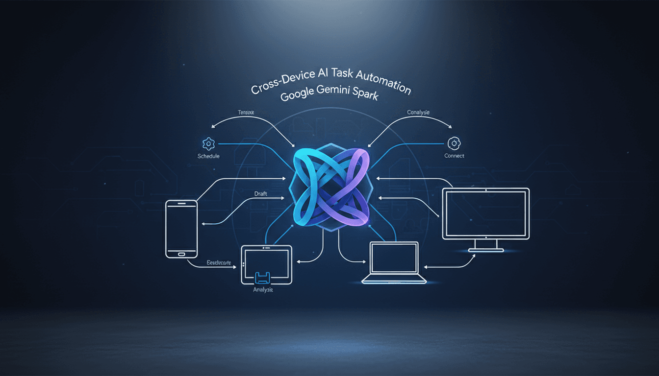 Infographic showing Google Gemini Spark's cross-device task automation features and benefits.