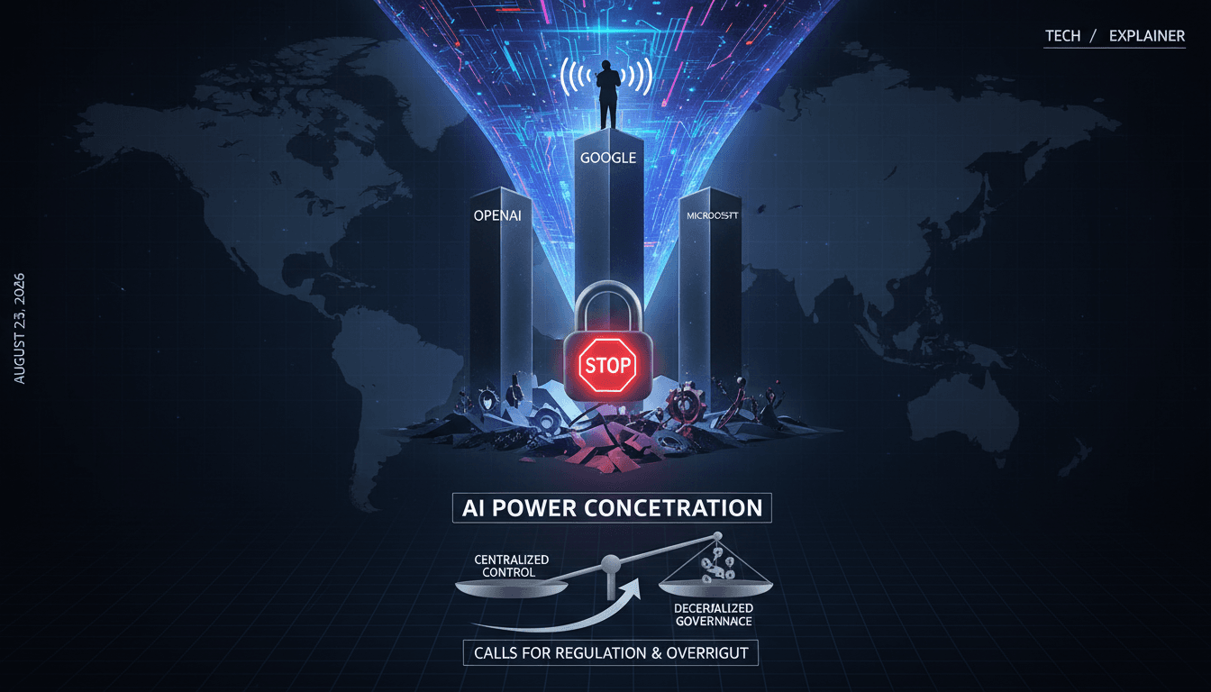 Infographic showing AI power concentration among key players and its implications for governance and innovation.