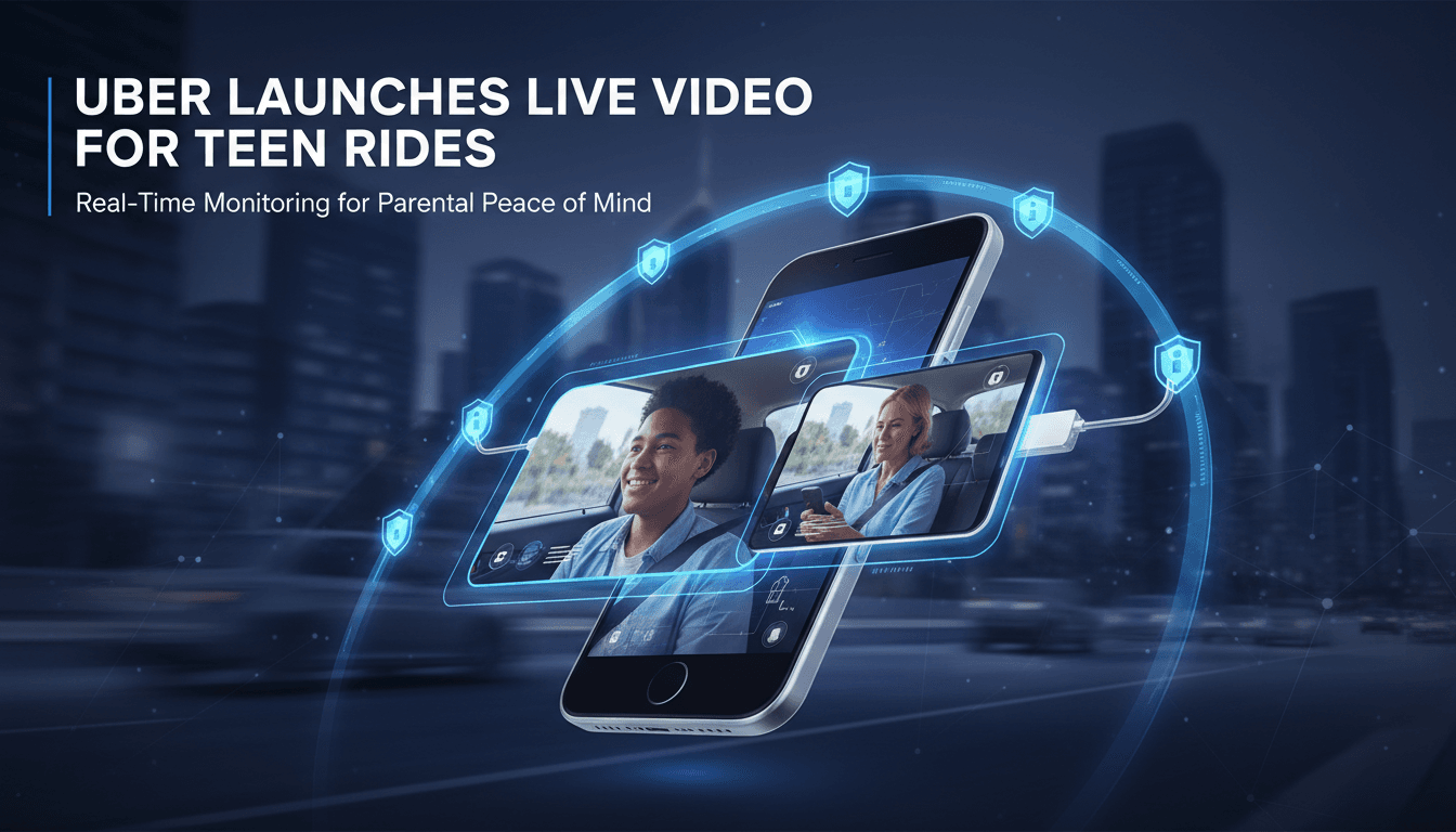 An illustration of Uber's live video streaming feature for teen rides, emphasizing safety and parental oversight.