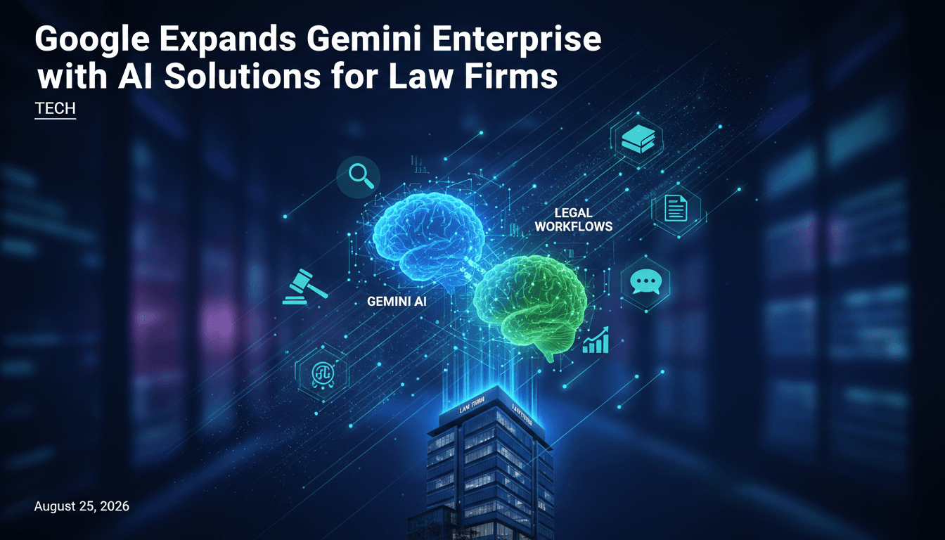 Visual representation of Google’s Gemini Enterprise for Legal, showcasing AI tools and law firm integrations.