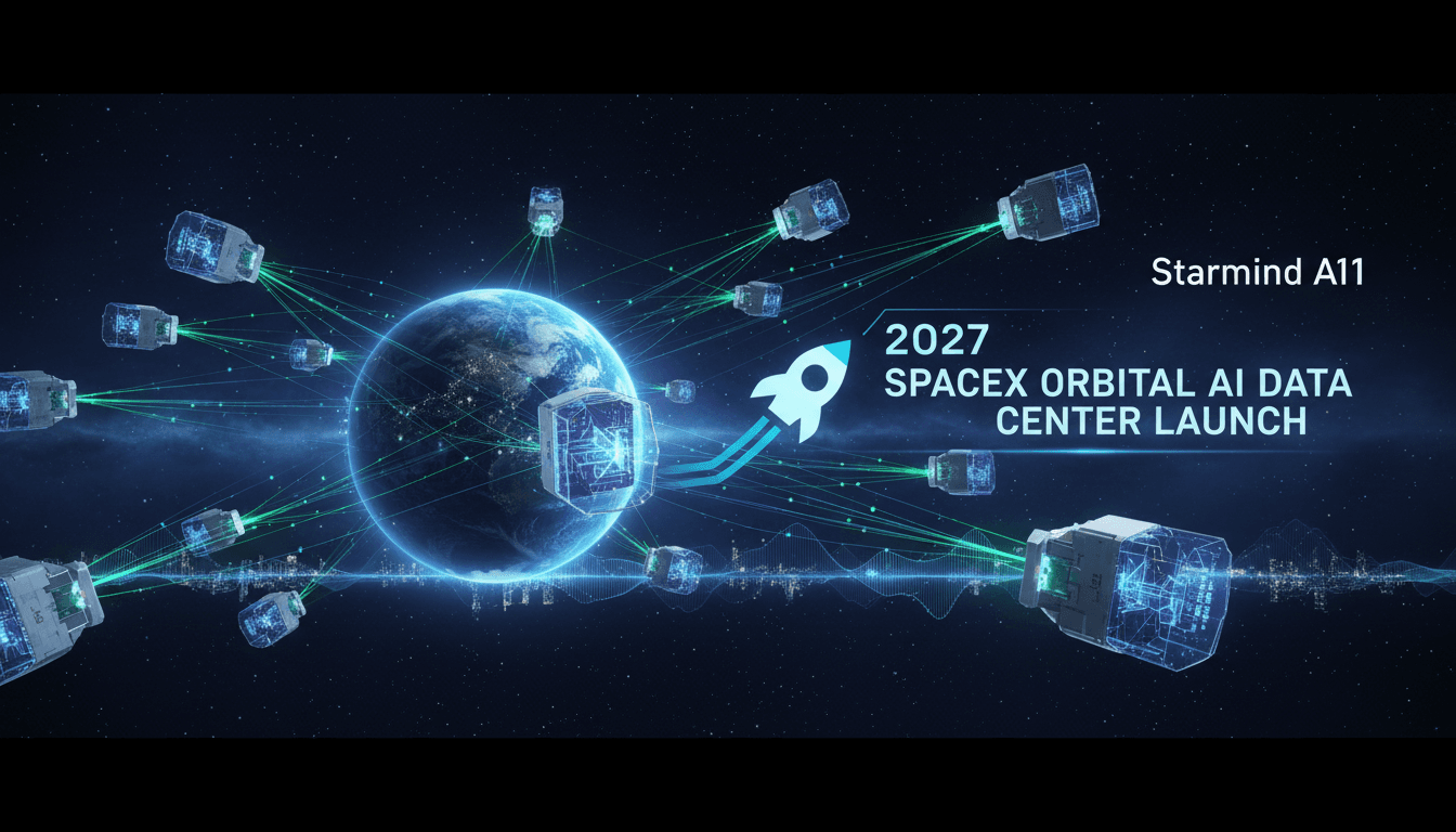 Conceptual diagram of SpaceX's Starmind AI data center satellites in low Earth orbit, showcasing NVIDIA's technology.