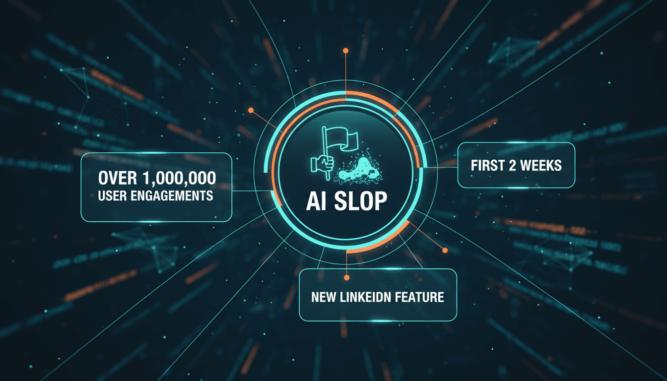 A graphic illustrating LinkedIn's 'AI slop' button and user engagement statistics.