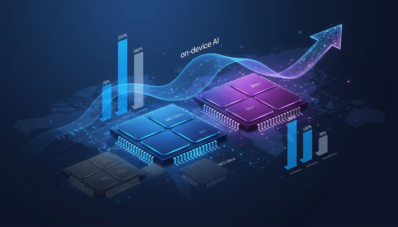Infographic comparing Apple M6 and M5 Ultra chips performance metrics against previous generations.