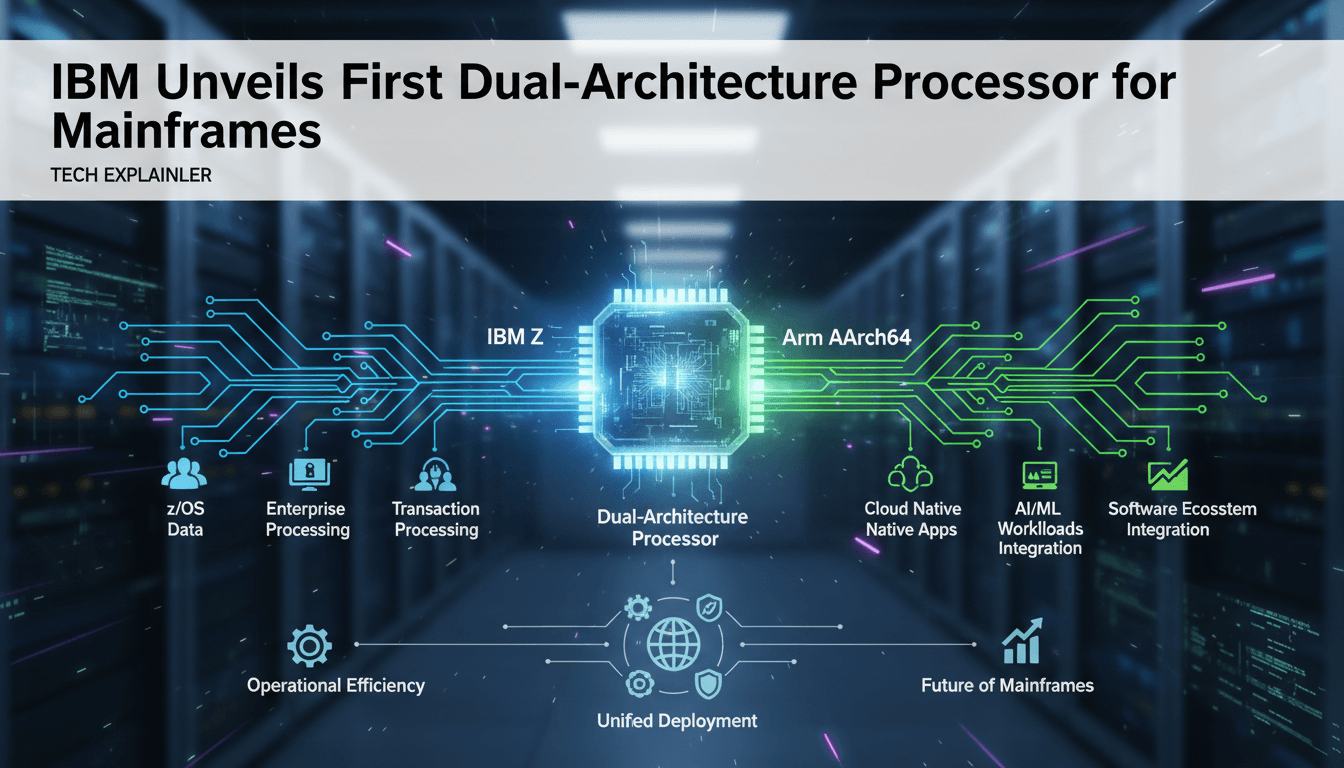Infographic showing IBM's dual-architecture processor specifications and enterprise applications.