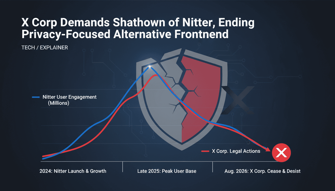 Infographic showing Nitter's rise and fall, detailing user engagement and X Corp's legal actions.