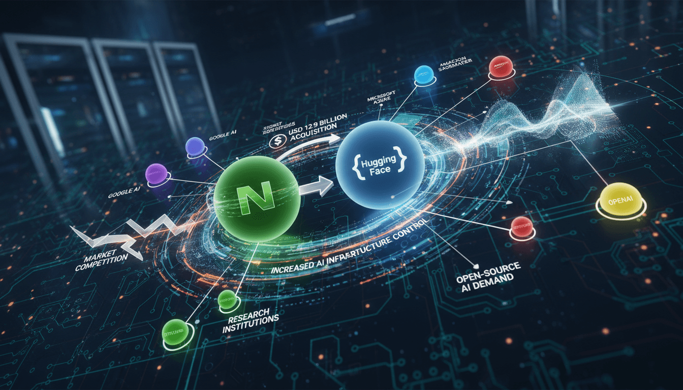 Infographic showing Nvidia's acquisition of Hugging Face and its impact on the AI ecosystem.