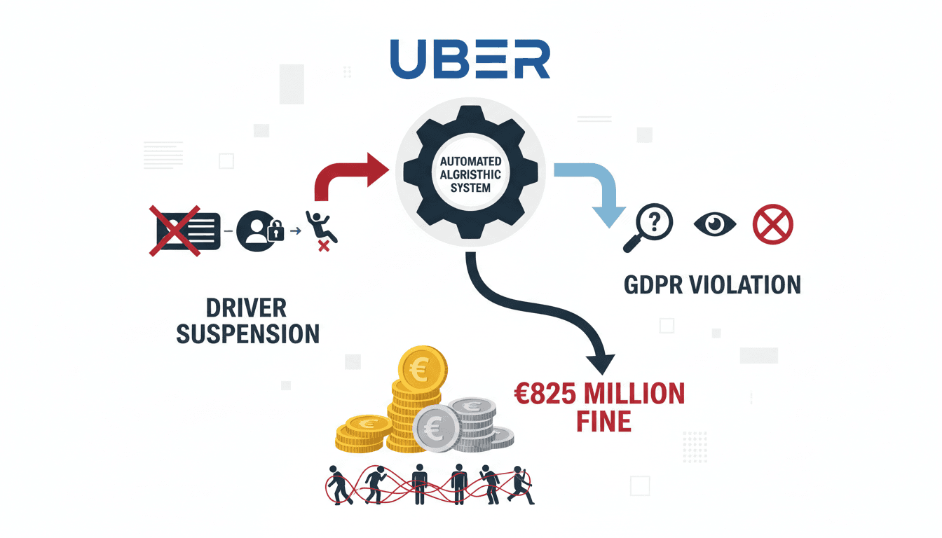 Infographic showing Uber's automated decision-making process and its impact on drivers' livelihoods.