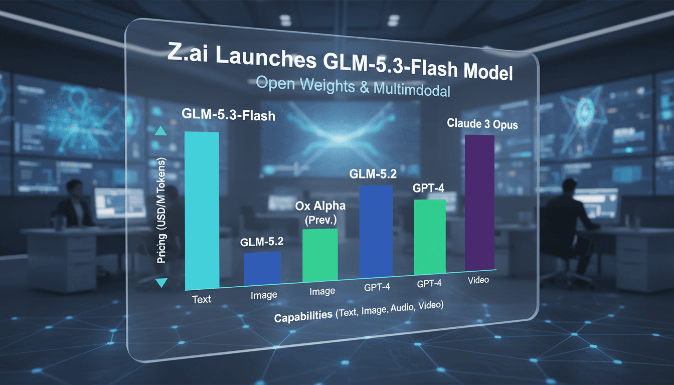 A visual comparison of Z.ai's GLM-5.3-Flash model with other AI models, highlighting pricing and features.